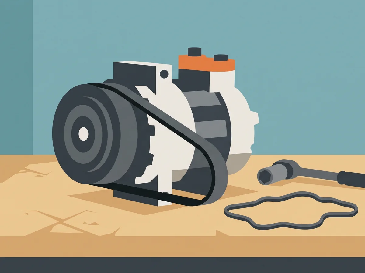 Illustration of an A/C compressor with pulley and belt on a workbench next to a socket wrench Illustration of an A/C compressor with pulley and belt on a workbench next to a socket wrench