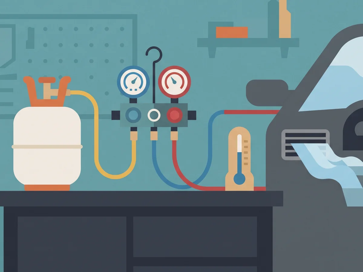Illustration of an A/C gauge set, a refrigerant cylinder and a thermometer on a workbench Illustration of an A/C gauge set, a refrigerant cylinder and a thermometer on a workbench