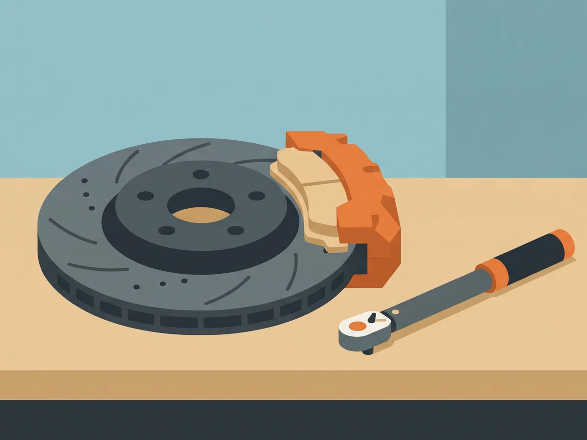 Illustration of a brake rotor, caliper and new pads on a workbench Illustration of a brake rotor, caliper and new pads on a workbench