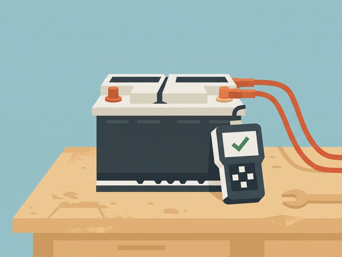 Illustration of a car battery with cables next to a handheld battery tester showing a green check Illustration of a car battery with cables next to a handheld battery tester showing a green check