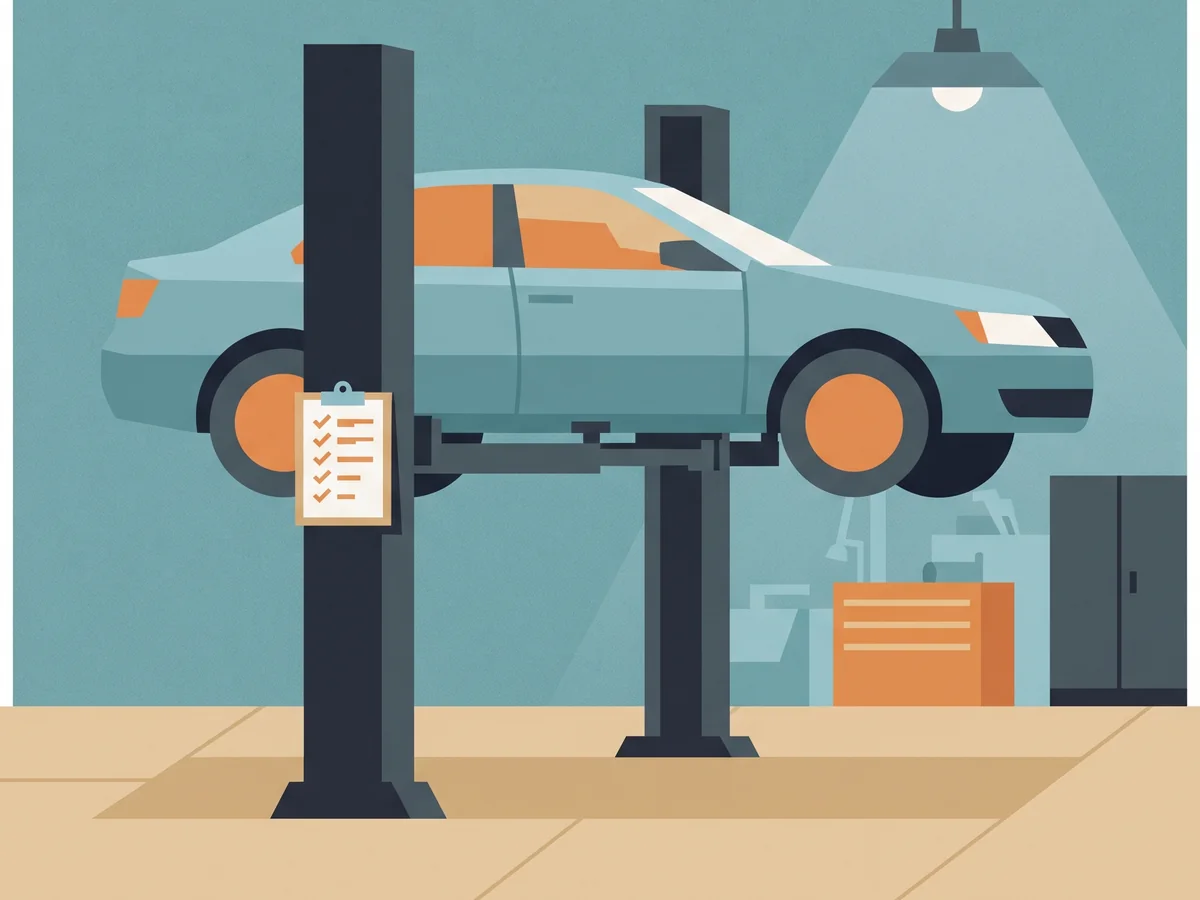 Illustration of a sedan raised on a lift with a checklist clipboard hanging on the lift post Illustration of a sedan raised on a lift with a checklist clipboard hanging on the lift post