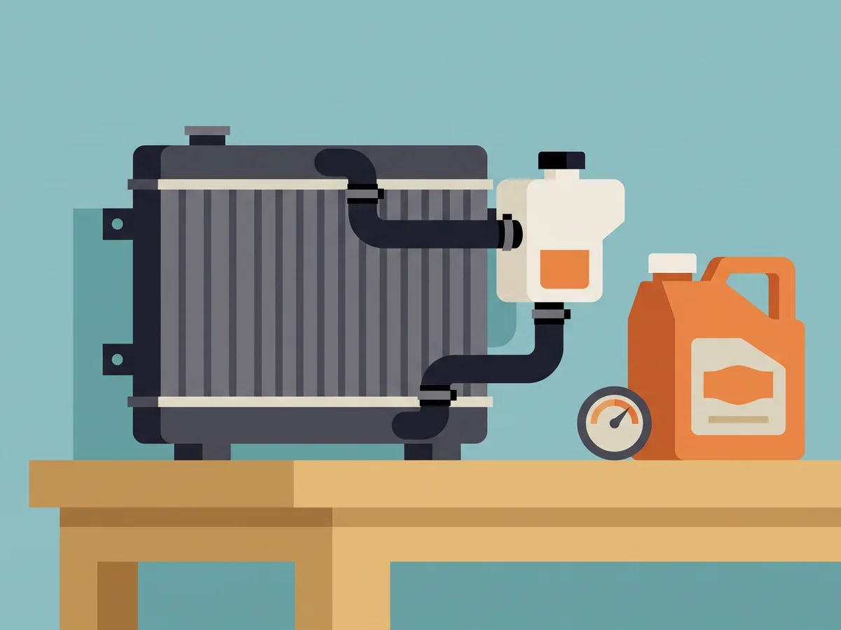 Illustration of a radiator with hoses, a coolant reservoir and a jug of coolant on a workbench Illustration of a radiator with hoses, a coolant reservoir and a jug of coolant on a workbench