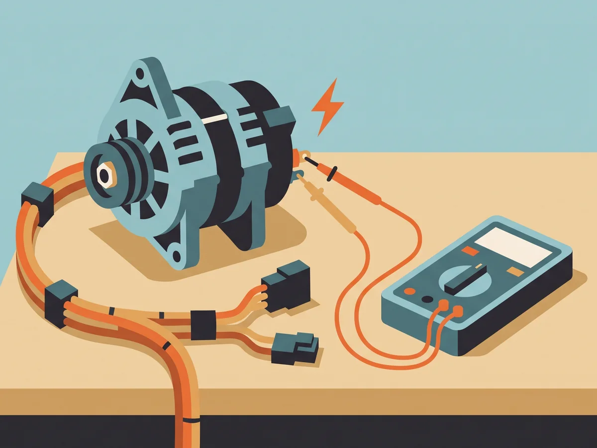 Illustration of an alternator, a wiring harness and a multimeter on a workbench Illustration of an alternator, a wiring harness and a multimeter on a workbench