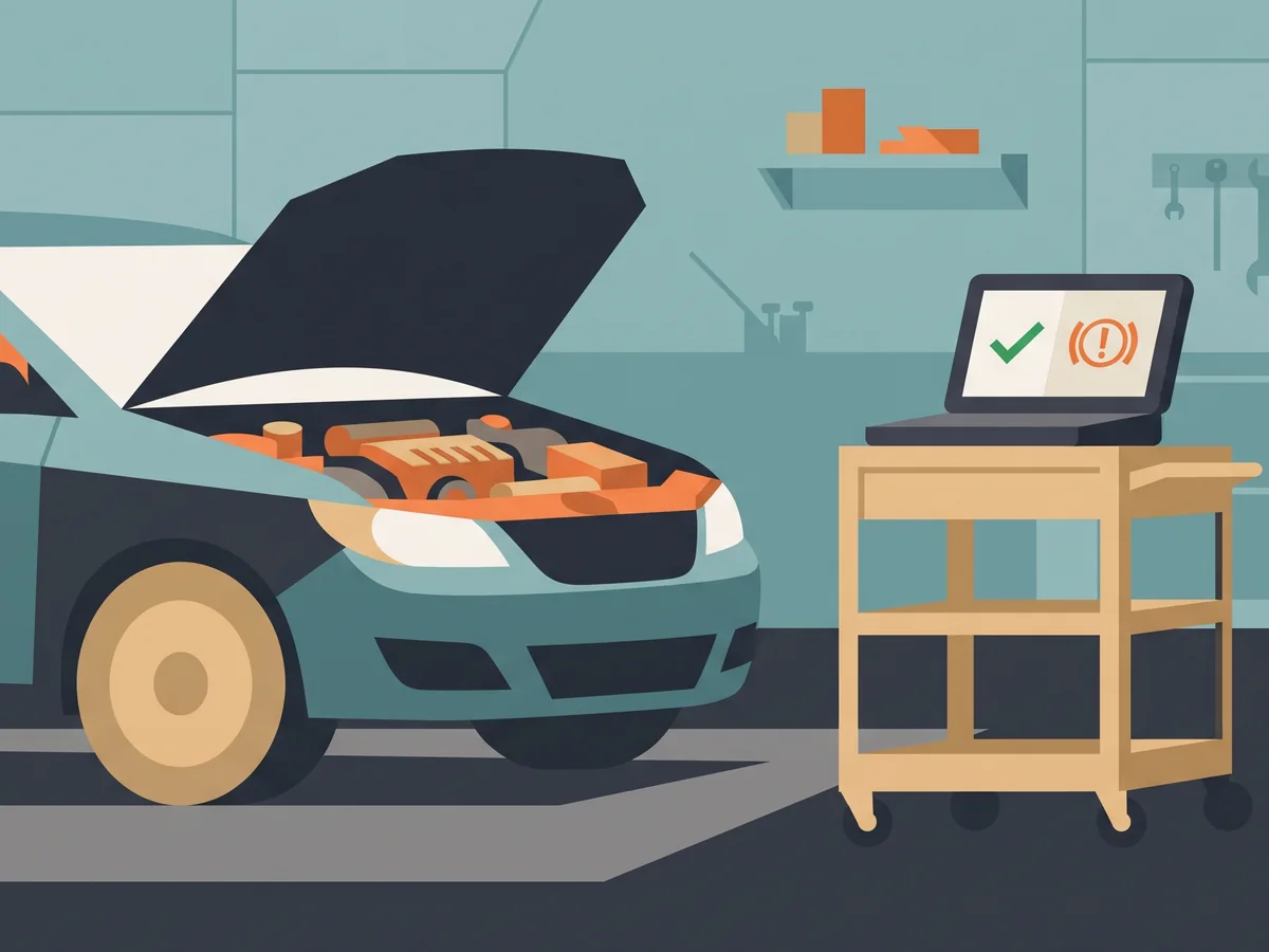 Illustration of an open car hood with a diagnostic scanner on a rolling cart Illustration of an open car hood with a diagnostic scanner on a rolling cart