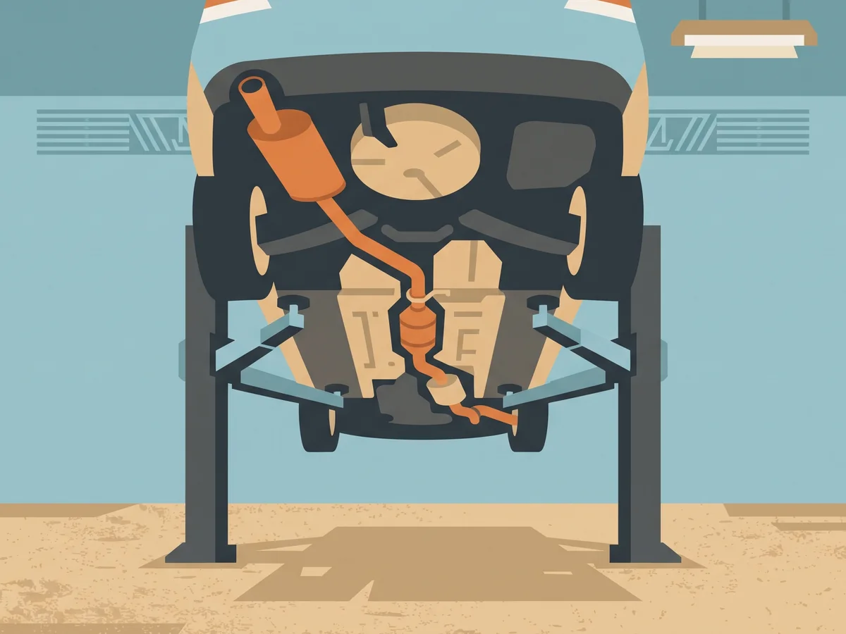 Illustration of a car raised on a lift showing the exhaust pipe, catalytic converter and muffler from below Illustration of a car raised on a lift showing the exhaust pipe, catalytic converter and muffler from below