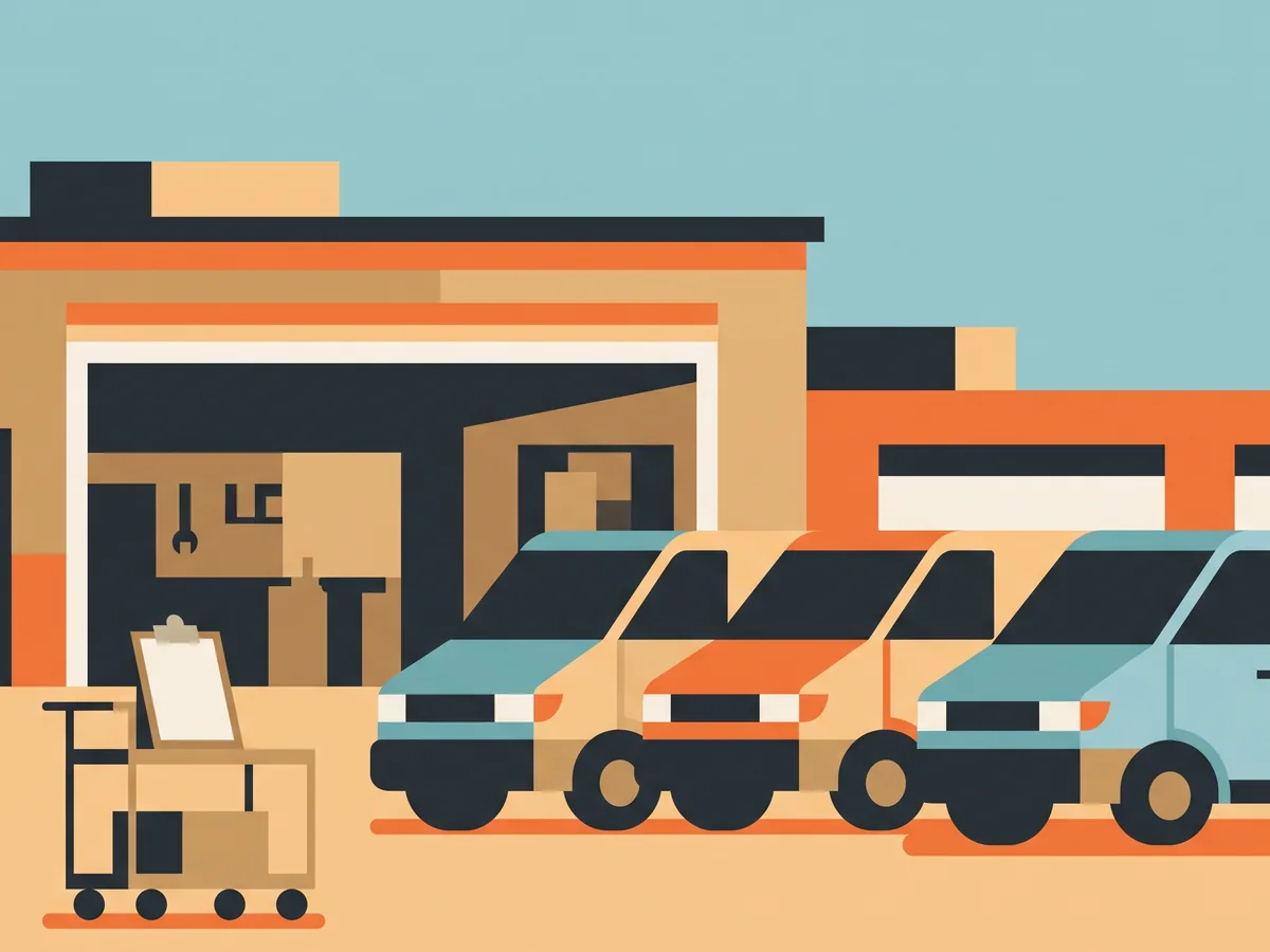 Illustration of three work vans parked in front of an open garage bay Illustration of three work vans parked in front of an open garage bay