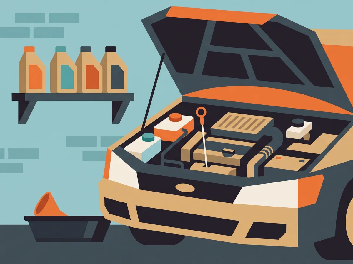 Illustration of an open car hood showing fluid reservoirs, with bottles, a funnel and a drain pan nearby Illustration of an open car hood showing fluid reservoirs, with bottles, a funnel and a drain pan nearby