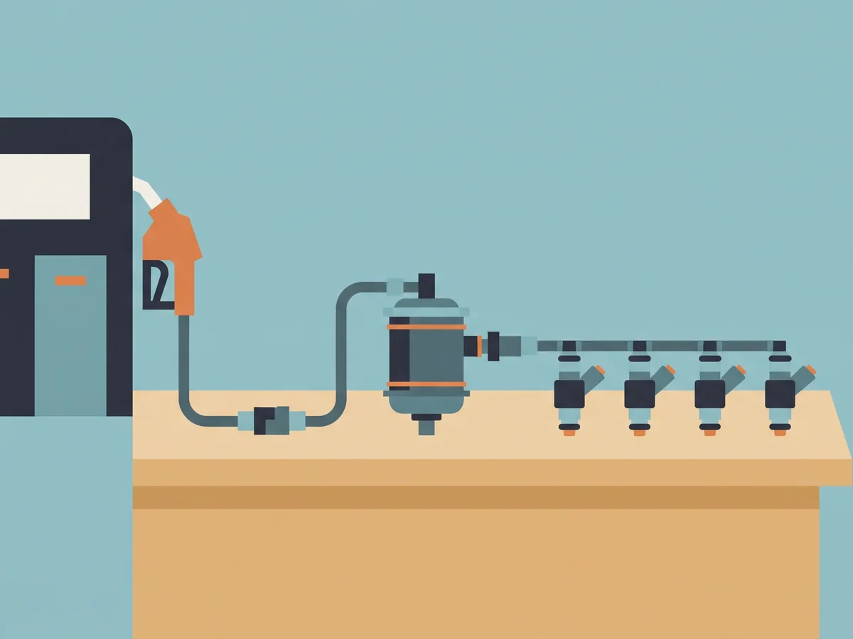 Illustration of a fuel pump, fuel filter and fuel injectors on a workbench Illustration of a fuel pump, fuel filter and fuel injectors on a workbench
