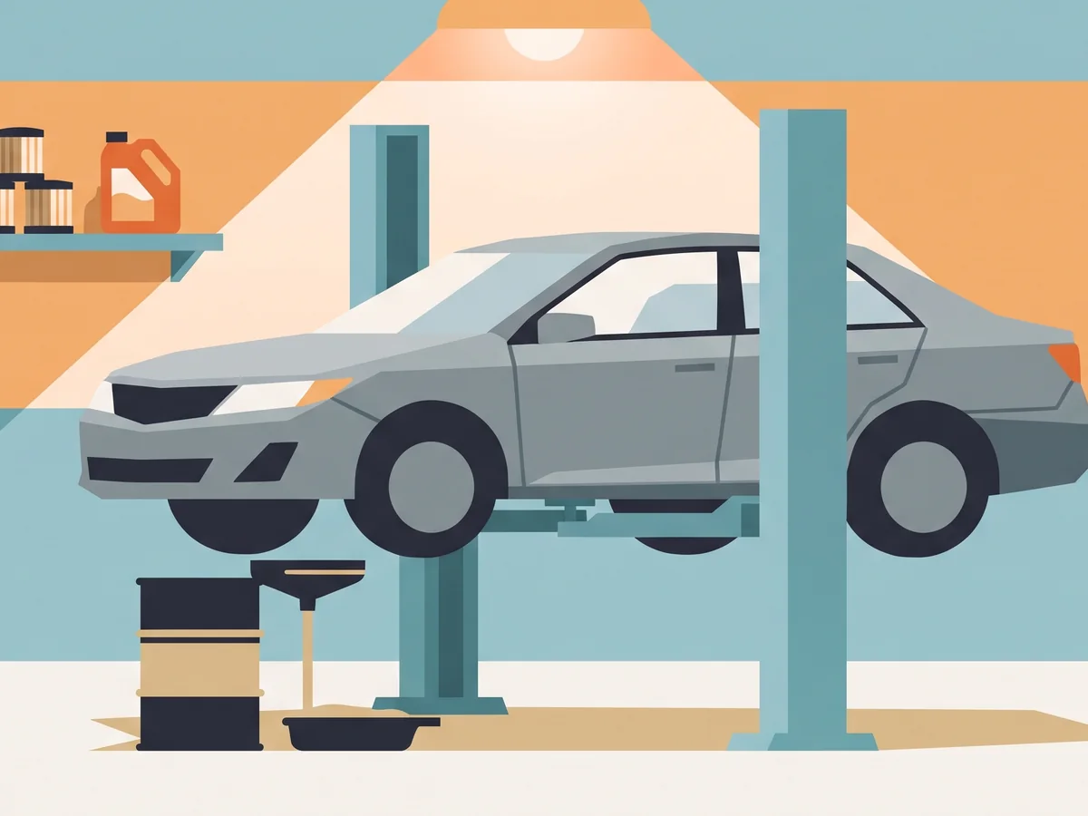 Illustration of a sedan raised on a lift in a garage bay for an oil change Illustration of a sedan raised on a lift in a garage bay for an oil change