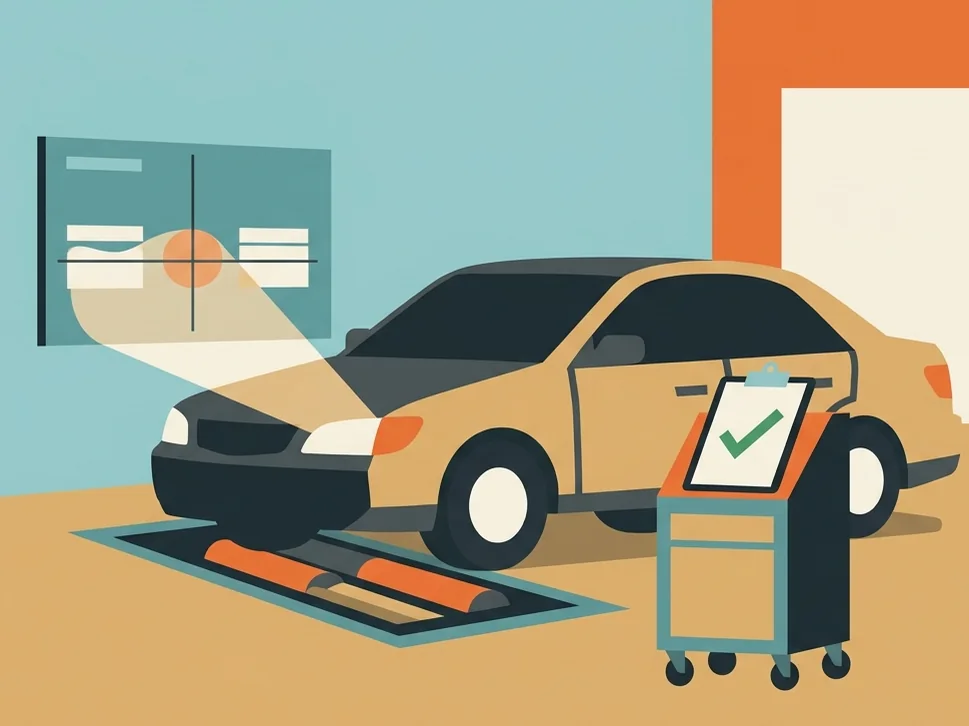 Illustration of a car in a garage bay with a brake tester, a headlight aiming board and a clipboard with a green check Illustration of a car in a garage bay with a brake tester, a headlight aiming board and a clipboard with a green check