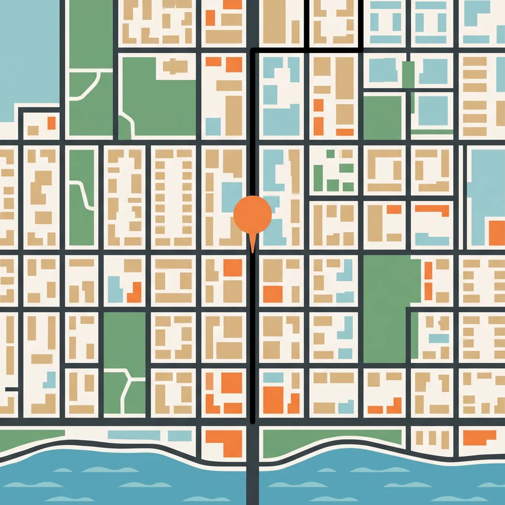 Team Auto, 1270 Simcoe St N, Oshawa Illustrated street map with a route line along a main north-south road and a lake along the bottom