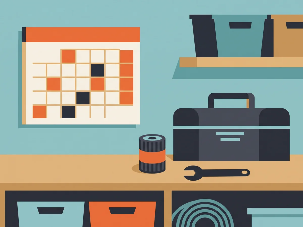 Illustration of a garage shelf with a wall calendar, an oil filter, a wrench and a toolbox Illustration of a garage shelf with a wall calendar, an oil filter, a wrench and a toolbox