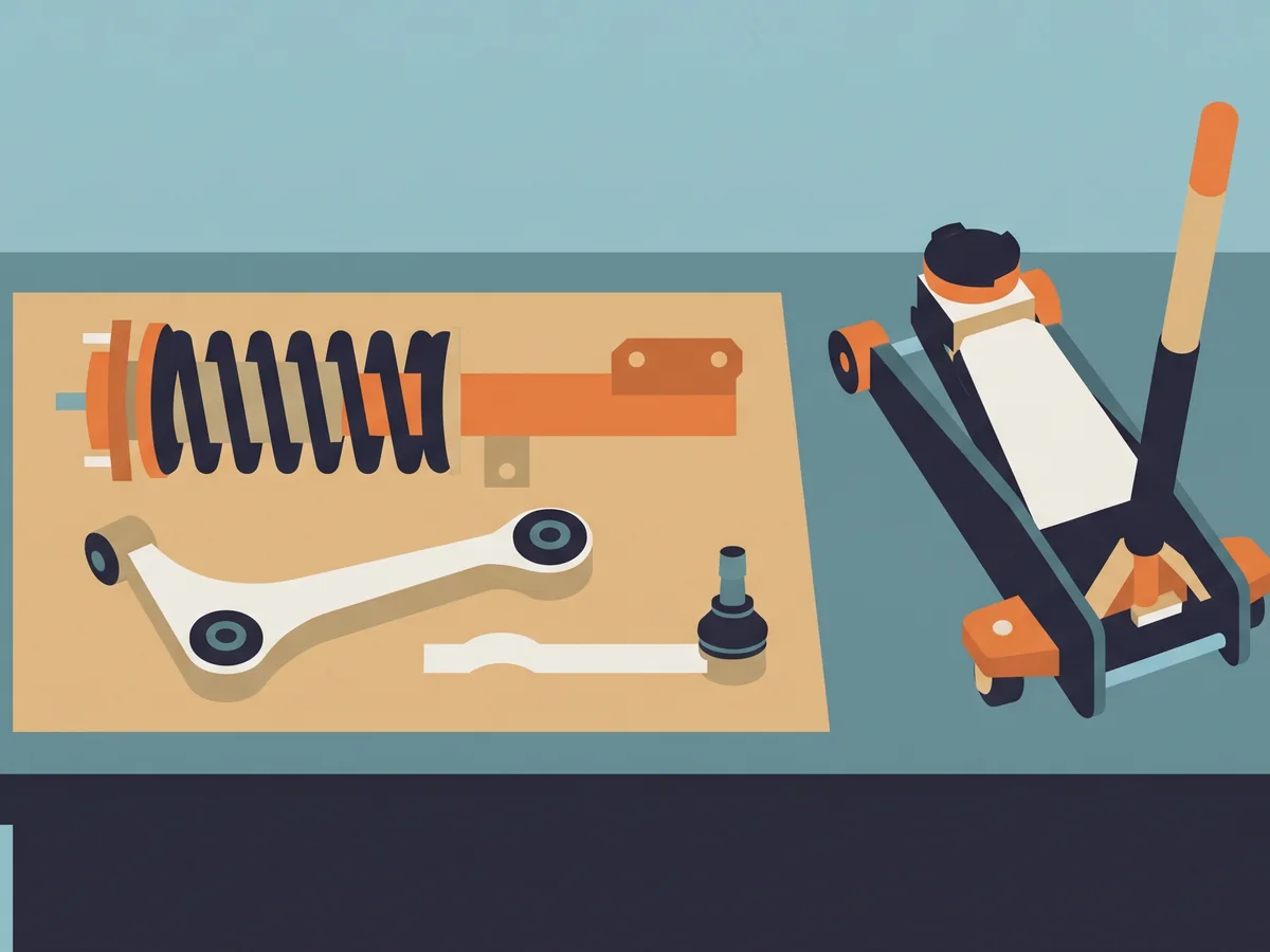Illustration of a strut assembly, control arm and tie rod on a workbench next to a floor jack Illustration of a strut assembly, control arm and tie rod on a workbench next to a floor jack