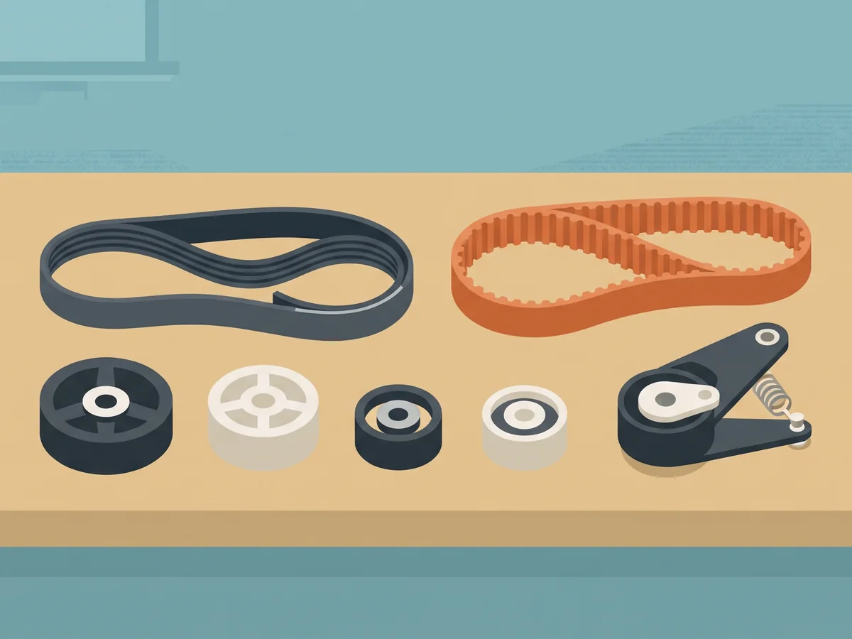 Illustration of a serpentine drive belt, a timing belt and pulleys with a tensioner on a workbench Illustration of a serpentine drive belt, a timing belt and pulleys with a tensioner on a workbench
