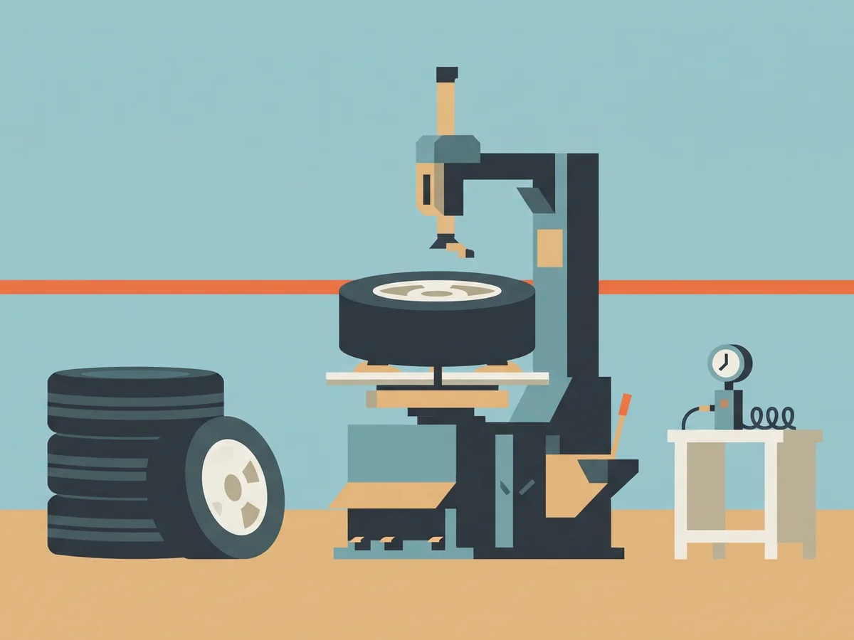 Illustration of a tire changing machine with a tire and rim mounted, a stack of tires and a pressure gauge Illustration of a tire changing machine with a tire and rim mounted, a stack of tires and a pressure gauge