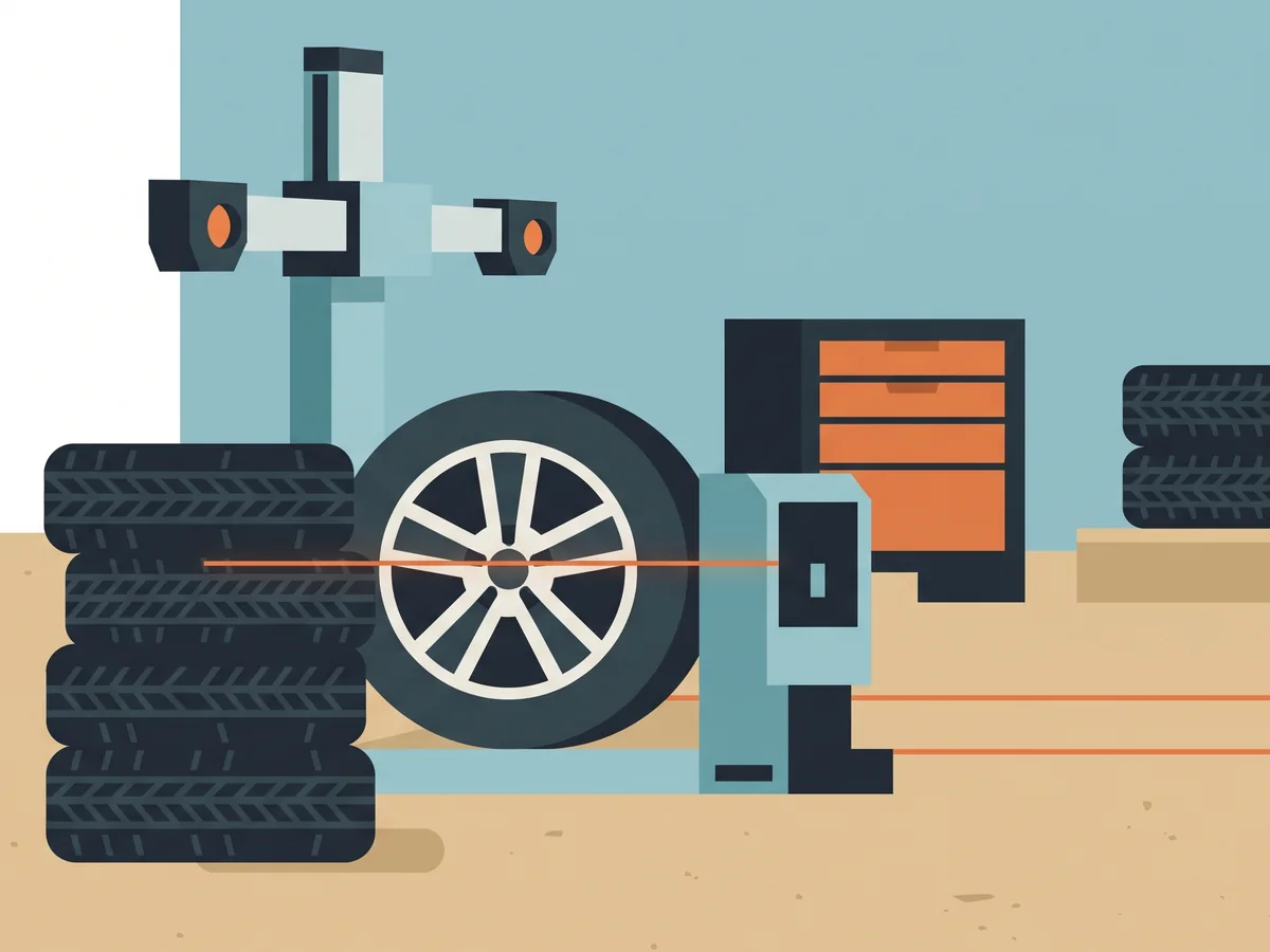 Illustration of a wheel on an alignment rig with a laser line and a stack of tires Illustration of a wheel on an alignment rig with a laser line and a stack of tires